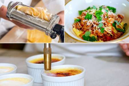 pasta bolognese and creme brulee