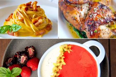 pasta carbonara, roasted chicken thighs and panna cotta