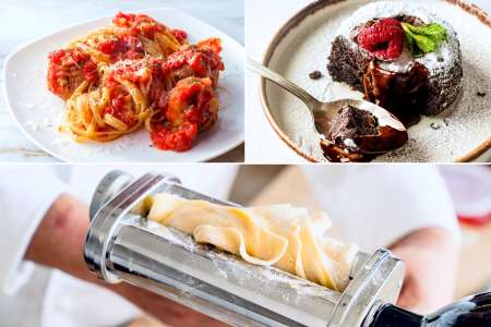 pasta with meatballs, chocolate lava cake and making pasta dough