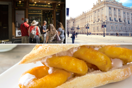 people on a food tour building in Madrid traditional fried squid sandwich