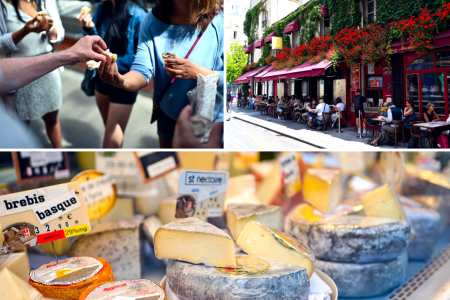 people sampling food a cafe in the Le Marais district in paris specialty cheese on display