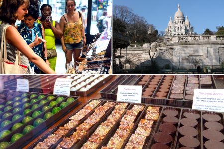 people visiting a chocolate shop Basilique du Sacre Coeur de Montmartre specialty chocolates on display