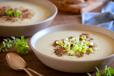 potato and leek soup in bowls