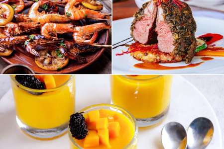 prawn kebabs, roasted lamb, and jelly pudding