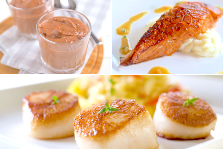 frozen chocolate mousse glazed salmon steak citrus deglazed scallops