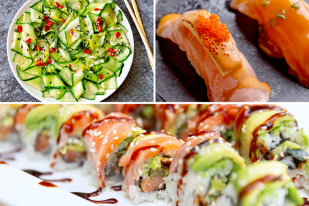 ginger cucumber salad torched sushi salmon avocado roll