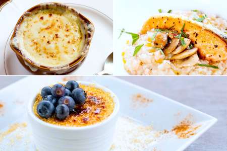 french onion soup, salmon papillote, and creme brulee