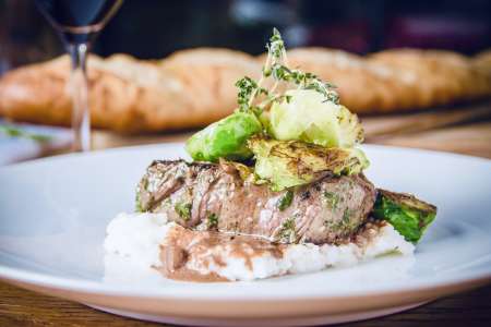 filet mignon with mashed potatoes and crispy brussel sprouts