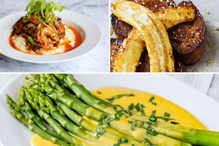 asparagus with hollandaise with shrimp and grits and bananas foster french toast