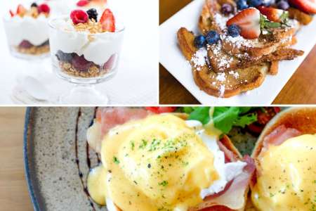 brunch with french toast, parfait and eggs benedict