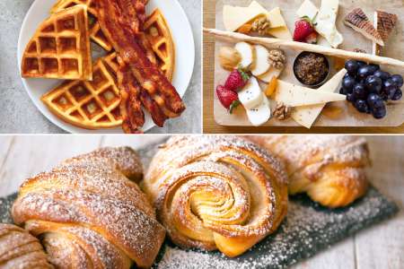waffles and bacon, croissants, and cheese and fruit