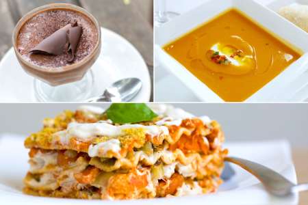 chocolate mousse, butternut squash bisque, lasagna