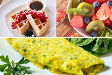 french omelette with waffles and fruit salad