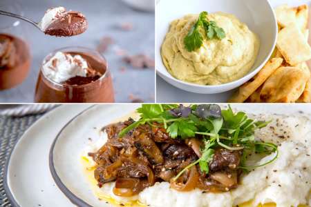 a vegan menu of chocolate mousse, garlic hummus and mushroom bourguignon