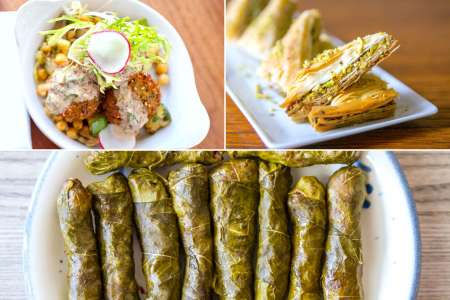 falafels and baklava with grape leaves