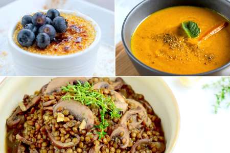 vegan coq au vin, squash soup and creme brulee