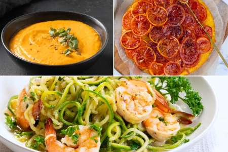 pumpkin soup, orange cake, and shrimp pesto zucchini noodles