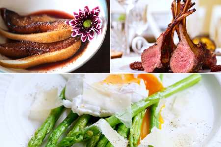 rack of lamb with poached pears and asparagus