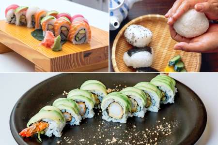 rainbow roll with onigiri and shrimp tempura roll