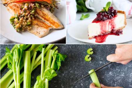 rainbow trout with cheesecake and a person slicing celery