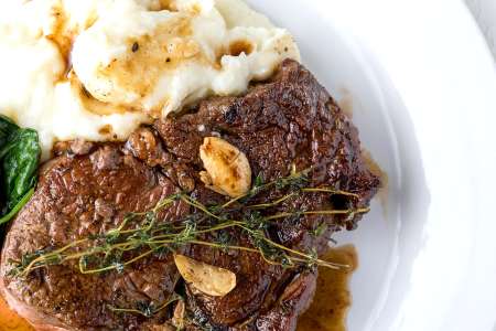 ribeye steak with mashed potatoes puree
