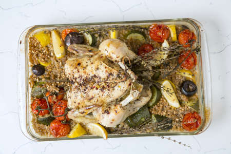 roasted chicken with butter and herbs and vegetables