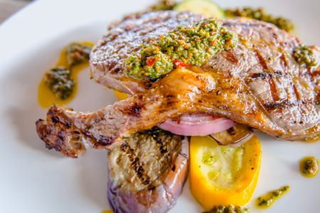 roasted pork chop with scallion chermoula