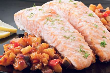 roasted salmon on rataouille