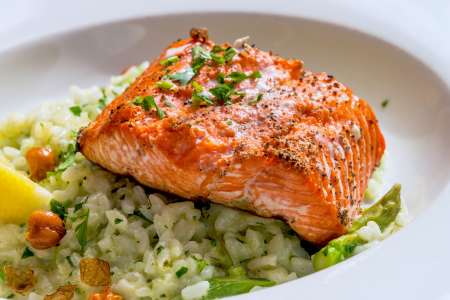 roasted salmon on risotto