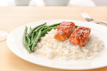 salmon, rice and haricots verts