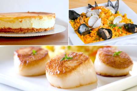 salted caramel cheesecake and seafood paella and pan seared scallops