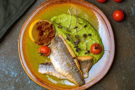 sea bass with pickled lemon and pea puree