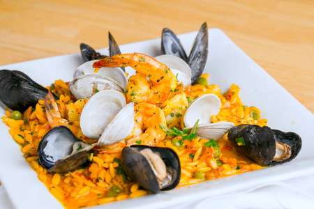 seafood paella with mussels and clams