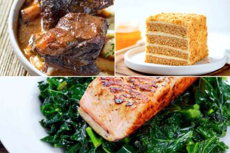 short ribs and honey cake and salmon on braised greens