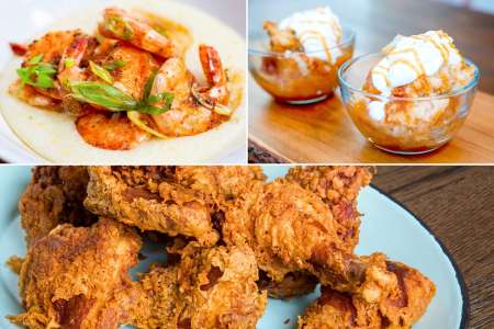 shrimp and grits, fried chicken, and peach cobbler