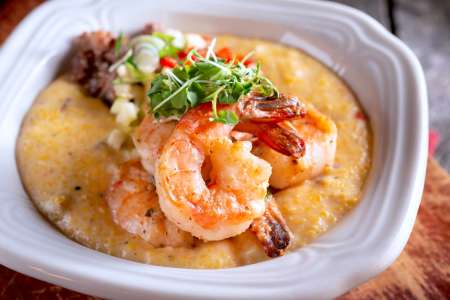 shrimp with tomato polenta and squash