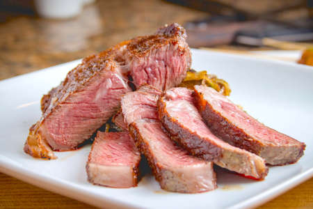 sliced steak on a white plate