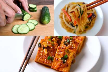slicing cucumbers, spicy tofu and glass noodles