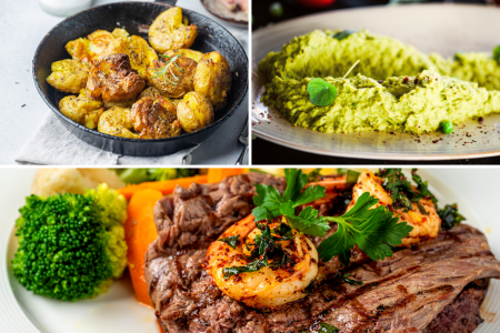 smashed potatoes, sweet pea puree and steak and shrimp with garlic veggies