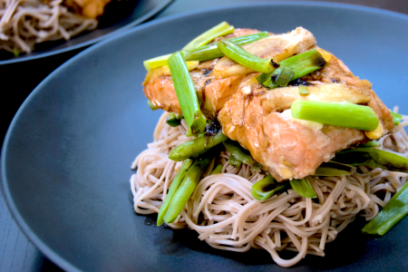 soba noodles with miso salmon