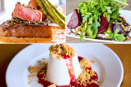 steak au poivre, arugula beet salad, and panna cotta