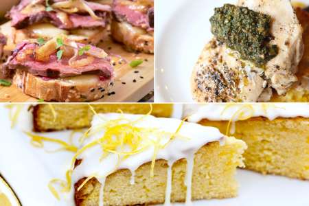 steak crostini, chicken with pesto, and lemon cake