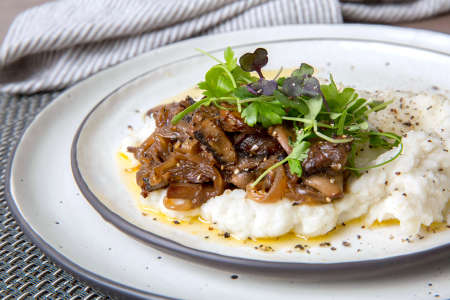 steak with mushroom demi glace and parsnip puree