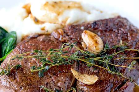 strip steak with mashed potatoes