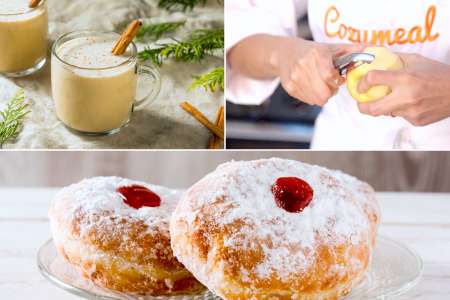 sufganiyot with eggnog and a chef peeling apples