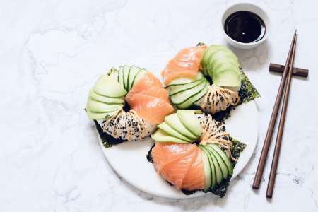 sushi donuts with salmon avocado and cucumber