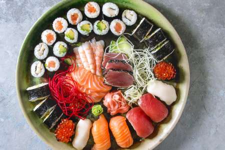 sushi rolls, sashimi and nigiri