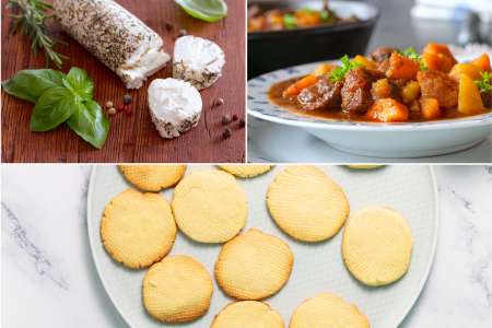 the hunger games menu with basil goat cheese, lamb stew and cookies