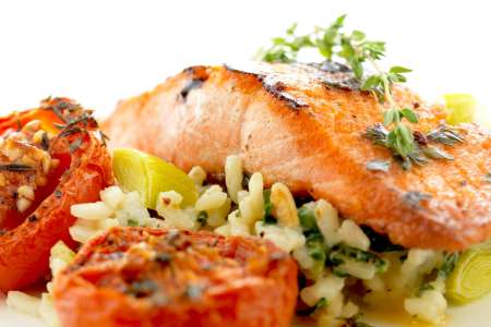 tomato and basil risotto with roasted salmon