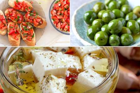 tomato bruschetta, olives and marinated feta cheese